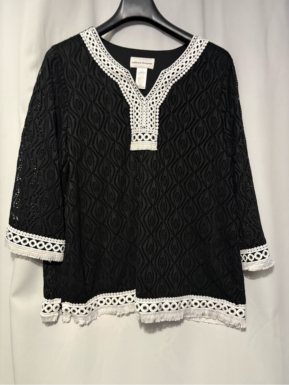Alfred Dunner Black Tunic with White Crochet Trim